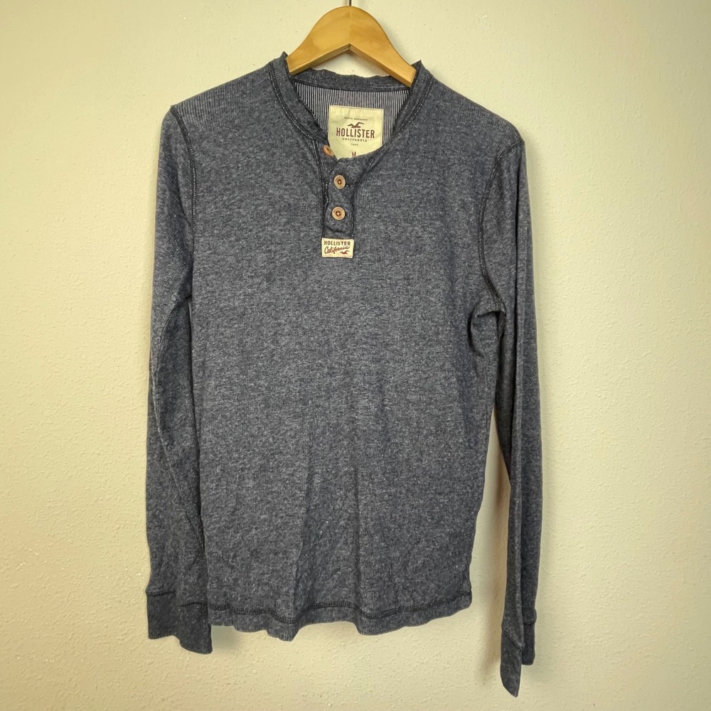 Hollister Mens Henley Long Sleeve Shirt Navy Blue Size Medium Ribbed